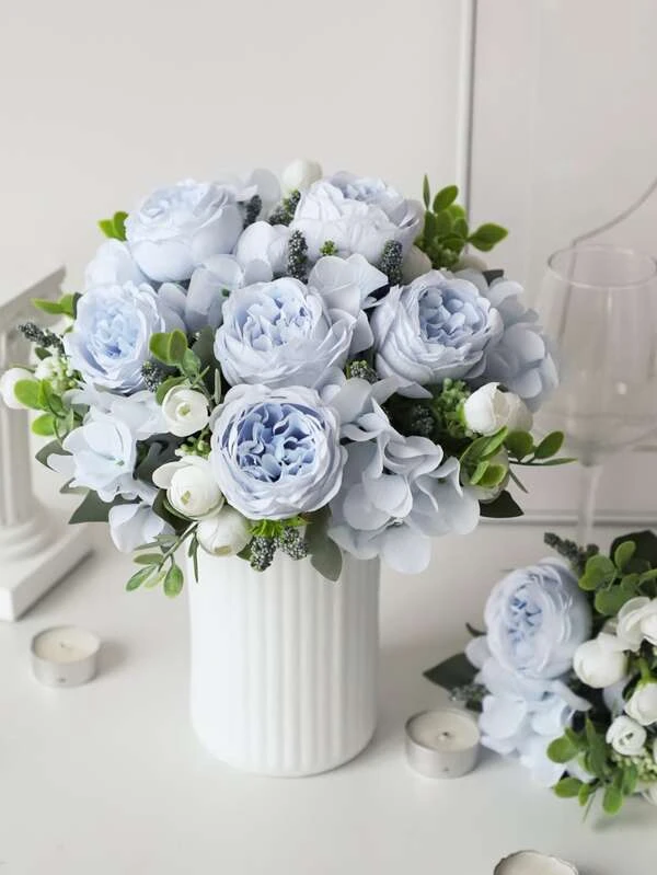 1pc / 3pcs Blue Artificial Flower Hydrangea Fake Peony Silk Flowers Rose Bouquet For Home Wedding Bride Bouquet Decor Baby Blue