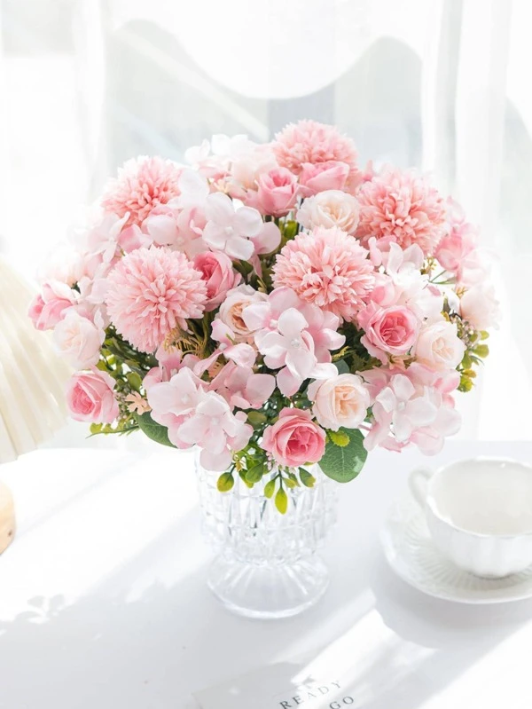 1PC Artificial Flowers Silk Tea Roses Bouquet Chrysanthemum Plastics Plants Bridal Bouquet Valentine's Day Fake Plants Wedding Decoration DIY Wreath Material, Bride Holding Wrist Flower Decoration Accessories, Wedding Car Decoration, Lintel Arch Decoration, Home, Dining Room, Bedroom, Vase Decoration, Birthday Party Decoration Materials New Year Gifts Pink