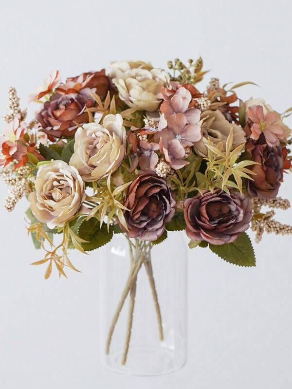 1pc/3pcs Romantic Rose & Peony Bouquet Artificial Flowers Handheld Flower Arrangement For Wedding/Home/Bedroom/Living Room/Table Decoration/Bride's Bouquet Khaki
