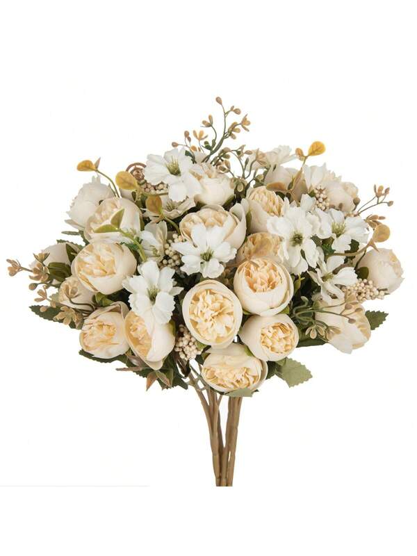 1PC Artificial Peony Flowers Silk Hydrangea Bouquets Fake Bulbous Chrysanthemum For Autumn Decorations Wedding Vase for Home Dining Room Bedroom Decorations, Festival Birthday Party Accessories, Outdoor Garden Decorations Beige