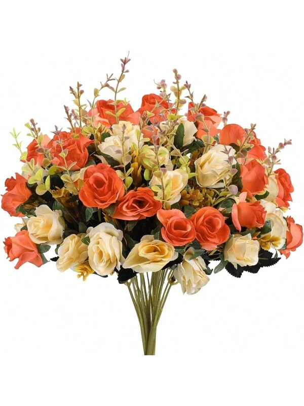 1PC Artificial Roses Flowers Silk EUCALYPTUS Bouquet Valentine'S Day Gifts Wedding Decoration DIY Wreath Material, Bride Holding Wrist Flower Decoration Accessories, Wedding Car Decoration, Lintel Arch Decoration, Home, Dining Room, Bedroom, Vase Decoration, Birthday Party Decoration Materials New Year Gifts Orange