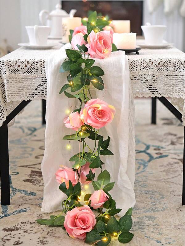 1pc Artificial Flowers Amaranth Light Pink Rose Silk Flower Garland Wreath Decoration Hanging Floral With 3m Led String Light Home Indoor Outdoor  Decora Mother's Day, Thanksgiving Valentine's Day Decor Pink