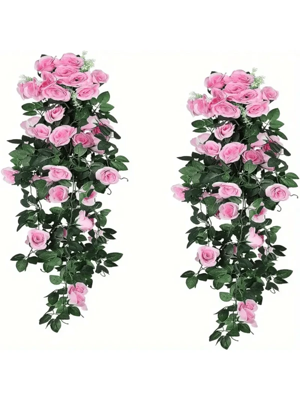 2Pcs Fake Hanging Flower, Artificial Rose Vine Hanging Plants, Faux Flowers Artificial Hanging Flower Wedding Home Decoration And Wall Decor (Pink) Pink