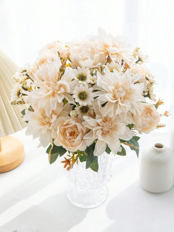 1PC Artificial Flower, 6-Head Hydrangea, Hibiscus Rose Bouquet, Home, Bedroom, Vase, Decoration, Dining And Living Room Decorations, Wedding Decoration, Bride Holding Flower Materials, Valentine's Day, New Year Decoration, DIY Birthday Party Decoration Materials, Opening Season Campus Decorations Milky White