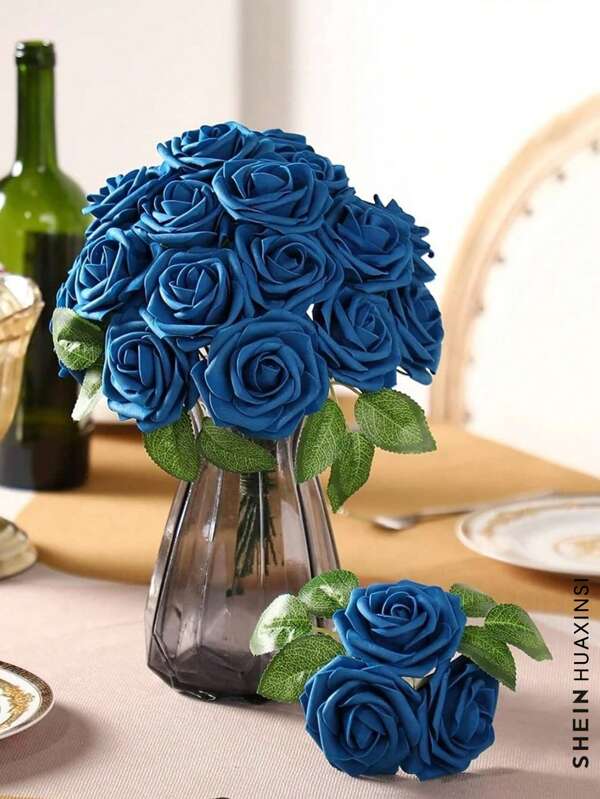 10pcs Blue Artificial Roses With Stem, Wedding Bouquet, Foam Touch Realistic Roses, Silk Flowers, Floral Stems, Bride DIY Bouquet, Wedding Party Home Decoration, All Seasons Blue