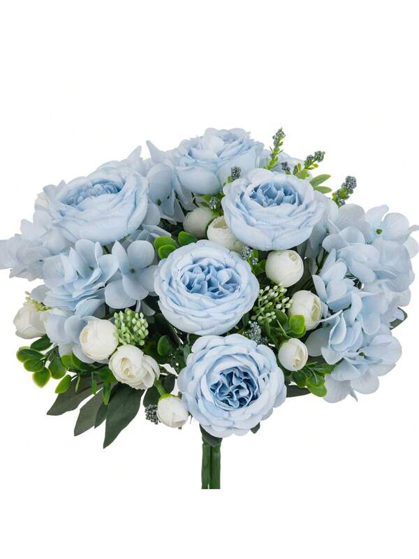 1PC Artificial Flowers Silk Peony Bouquets Fake Roses For Autumn New Year's Decorations Wedding Vase For Home Dining Room Bedroom Decorations, Festival Birthday Party Accessories, Outdoor Garden Decorations Peony Bouquet - Blue
