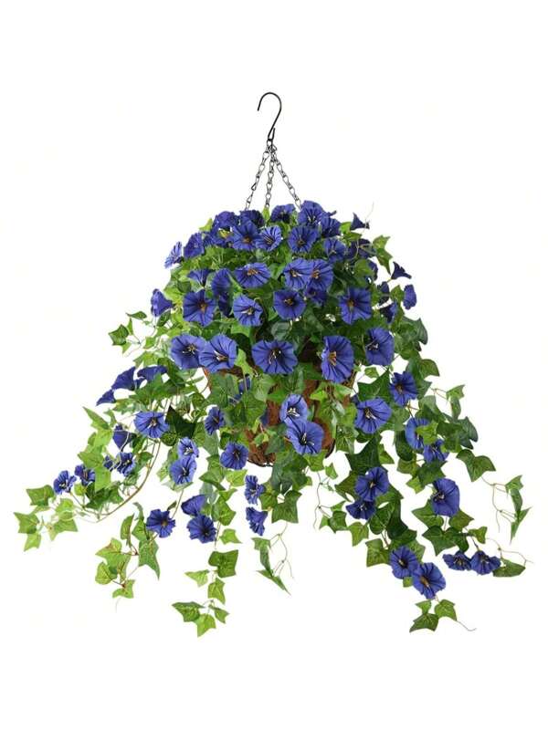 Artificial Hanging Flowers In Basket Outdoor Indoor Patio Lawn Garden Decor, Centerpieces,Fake Silk Hanging Basket Morning Glories Flowers Plants With Coconut Lining Flowerpot (Blue) Blue