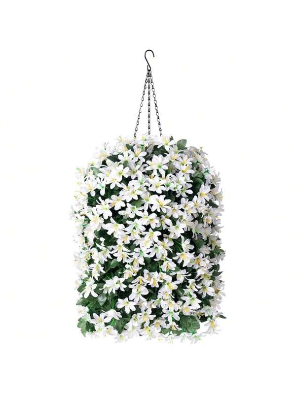 Artificial Faux Hanging Outdoor Plants Flowers Basket For Spring Decoration, Fake Silk Realistic UV Resistant White Long Vines Planter For Outside Home Porch Patio Balcony White