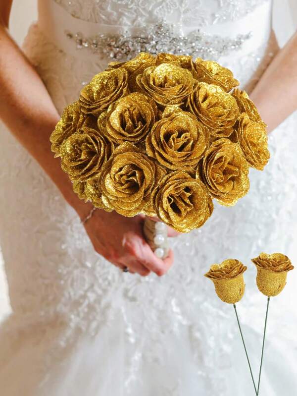 6Pcs/Pack 2.76in/7cm Glitter Roses Bouquet, DIY Fake Glitter Flowers Bouquet, Golden Plastic Faux Flower, Artificial Rose Flower, Everlasting Shiny Artificial Rose Bouquet For Anniversary, Engagement, Wedding Gift, Home Decor, Office Kitchen Decor, Party Decor, Room Decor Stuff, Halloween Decor, Christmas Decor, Xmas Tree Decor Gold