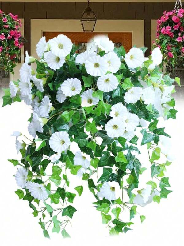 1Pc Artificial Vines, Morning Glory Hanging Plants Silk Garland Fake Green Plant Home Garden Wall Fence Stairway Outdoor Wedding Hanging Baskets Decor Birthday Party Valentine'S Day Mother'S Day Gift White
