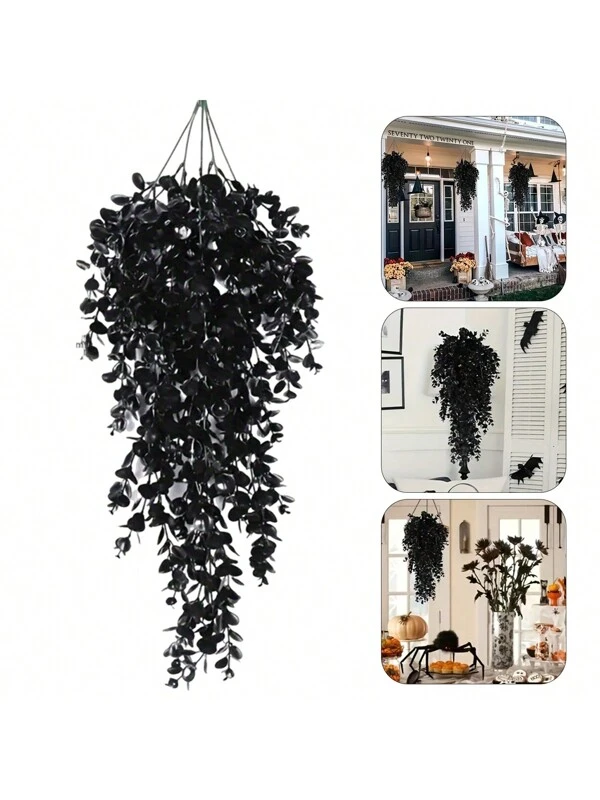 Generic 2Pcs Halloween Hanging Artificial Eucalyptus Spooky Faux Black Leaves Branch Wall Hanging Fake Plastic Plants Black Multicolor