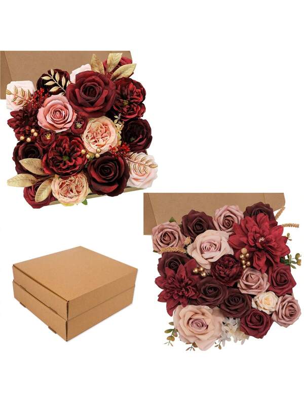 2pcs, Artificial Silk Foam Flowers Box, Fake Flower For Diy Wedding Decoration Roses Pink And Red With Stems Combo For Bridal Bouquet Table Centerpieces Flower For Party Baby Shower Red and Pink Series